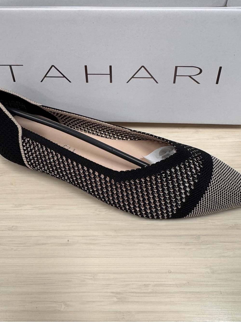 Tahari Black and Beige Pointed Knit Slip-On Flat
